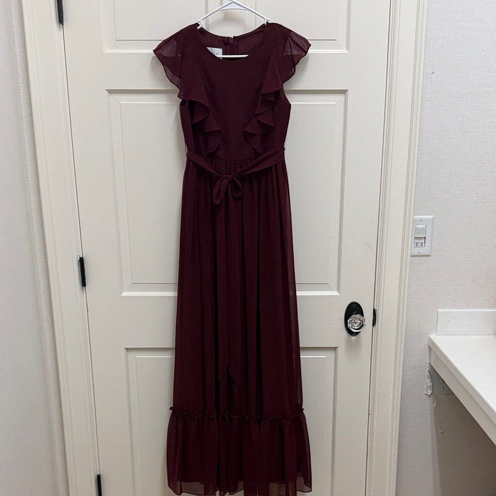 Azazie Jr Bridesmaid Cabernet Ruffle Maxi Dress